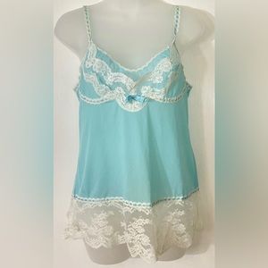 Vintage Vassarette  Munsingwear Slip Short Nightgown Blue Nylon Lace Size 34